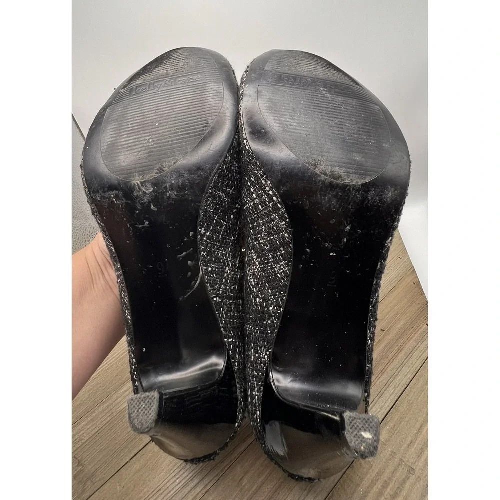 Kelly & Katie Tweed Pumps Black White Rose Flower Heels Size 9